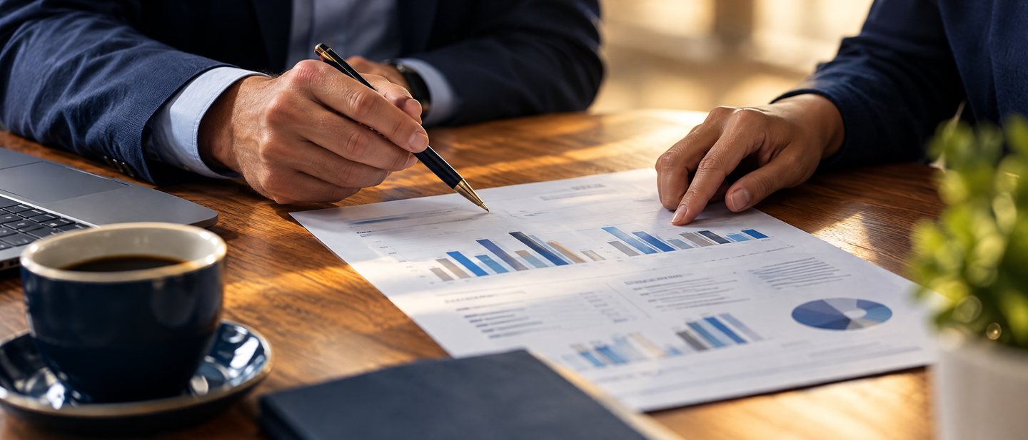 Two people's hands over a printed benefits report on a meeting table.