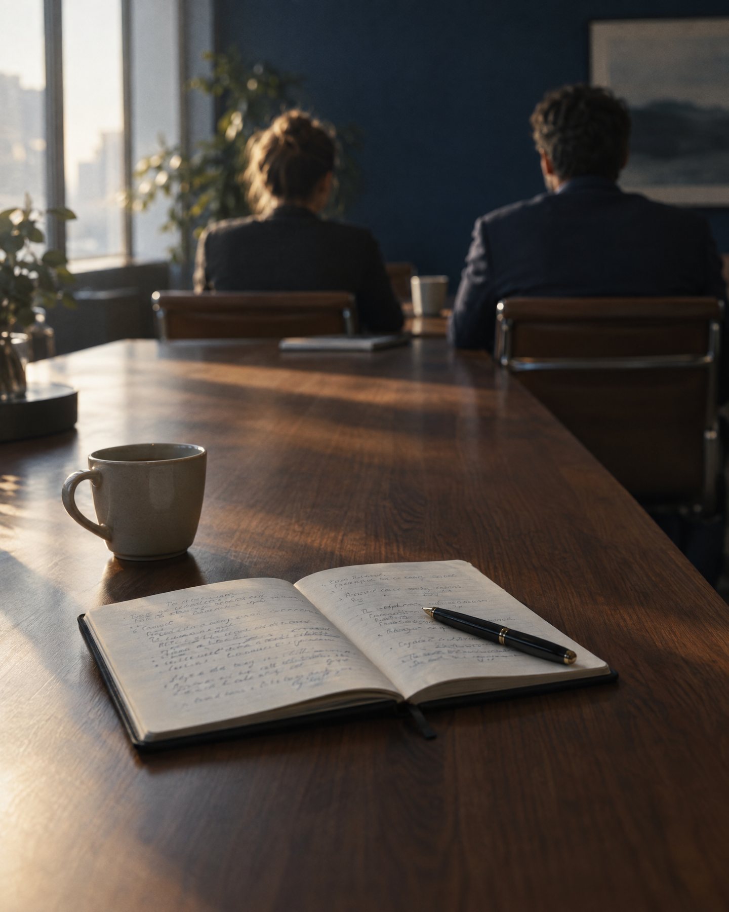 An open notebook and coffee at the near end of a conference table; two leaders talk at the far end, seen from behind.