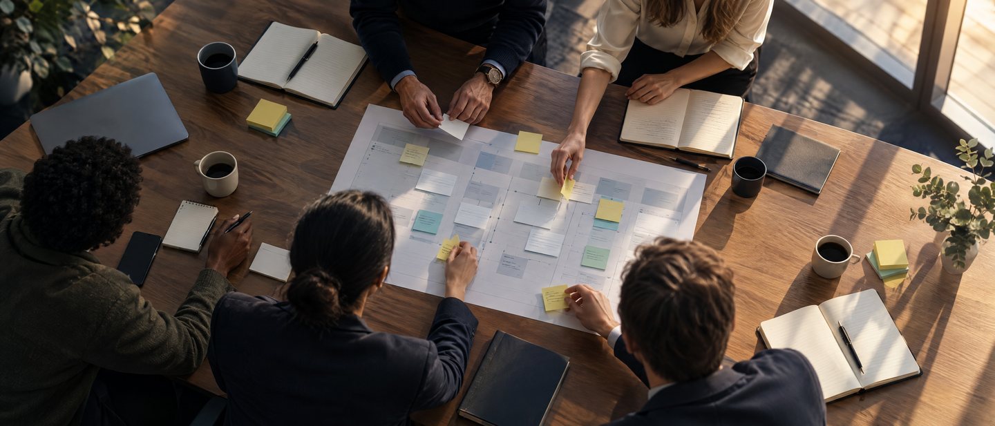 A leadership team seen from above, hands placing notes on a plan across a long table.