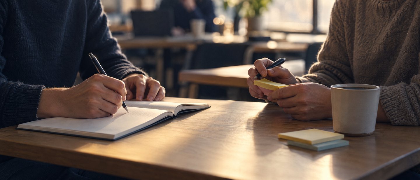 Two people's hands across a table during a workshop exercise, one writing in a workbook.